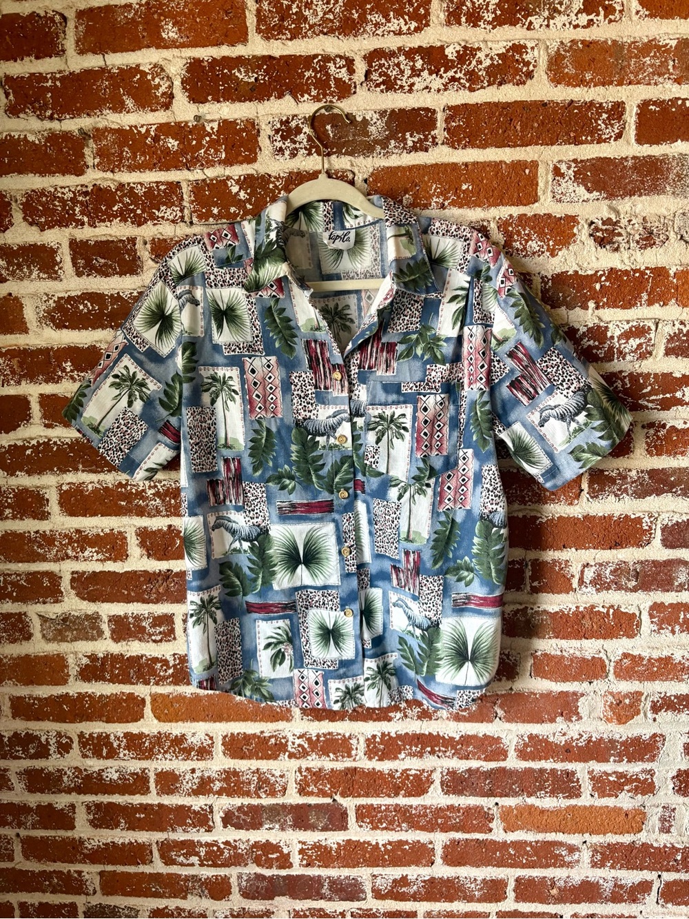 Vintage 90s Casual Button Down w/ palm trees and animal print
